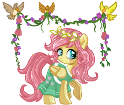 Size: 999x842 | Tagged: safe, artist:schnuffitrunks, fluttershy, bird, pegasus, pony, g4, clothes, dress, female, flower garland, folded wings, looking at you, mare, raised hoof, simple background, solo, standing, transparent background, turned head, wings, wreath