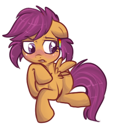 Size: 283x310 | Tagged: safe, artist:lulubell, scootaloo, pegasus, pony, g4, alternate hairstyle, cute, cutealoo, feathered wings, female, floppy ears, hoof on chin, looking down, mare, pigtails, simple background, small wings, solo, white background, wings
