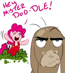 Size: 492x550 | Tagged: dead source, safe, artist:robd2003, cranky doodle donkey, pinkie pie, donkey, earth pony, pony, g4, dennis mitchell, dennis the menace, mr. wilson, parody, simple background, slingshot, white background