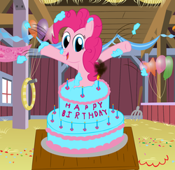 Size: 900x874 | Tagged: safe, artist:japaneseteeth, pinkie pie, g4, balloon, birthday, cake, happy birthday, popping out of a cake, surprise cake