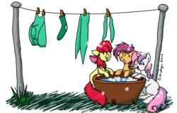 Size: 1190x758 | Tagged: safe, artist:bibliodragon, apple bloom, scootaloo, sweetie belle, g4, clothes line, cutie mark crusaders, laundry, wet mane