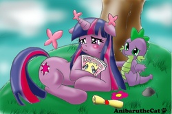 Size: 800x531 | Tagged: safe, artist:anibaruthecat, fluttershy, spike, twilight sparkle, pony, unicorn, g4, crying, duo, floppy ears, implied fluttershy, implied lesbian, implied shipping, implied twishy, scroll, tree, unicorn twilight