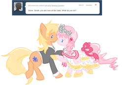 Size: 896x624 | Tagged: safe, artist:ask-the-fantasy-ponies, ask, clothes, dancing, dress, final fantasy, final fantasy xiii, gala dress, ponified, serah farron, snow villiers, tumblr