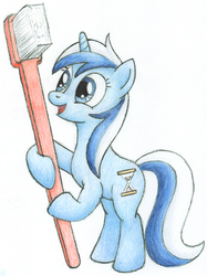 Size: 2235x2988 | Tagged: safe, artist:wildtiel, minuette, pony, unicorn, g4, simple background, solo, toothbrush, traditional art, white background