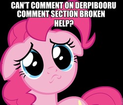 Size: 900x763 | Tagged: safe, pinkie pie, earth pony, pony, derpibooru, g4, black background, help, image macro, meta, puppy dog eyes, sad, simple background, solo