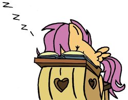 Size: 635x497 | Tagged: safe, artist:closer-to-the-sun, scootaloo, pegasus, pony, g4, book, female, filly, simple background, sleeping, solo, white background