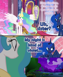 Size: 1280x1558 | Tagged: safe, edit, edited screencap, screencap, princess celestia, princess luna, alicorn, pony, g4, the crystal empire, annoyed, canterlot throne room, comic, dialogue, ethereal mane, female, heart black as night, luna is not amused, mare, poor word choice, starry mane, unamused