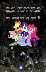 Size: 500x772 | Tagged: safe, applejack, fluttershy, pinkie pie, rainbow dash, rarity, twilight sparkle, g4, clash of hasbro's titans, mane six, scared, transformers, transformers: war for cybertron, trypticon, video game boss