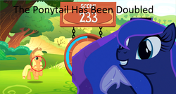 Size: 500x268 | Tagged: safe, gameloft, applejack, princess luna, g4, game, meme, pigtails, ponytail, the x has been doubled