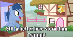 Size: 500x257 | Tagged: safe, edit, edited screencap, screencap, blues, carrot top, golden harvest, noteworthy, earth pony, pony, g4, too many pinkie pies, caption, female, goldenote, male, mare, meme, stallion, text, twilight (series)