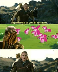 Size: 500x623 | Tagged: safe, edit, edited screencap, screencap, pinkie pie, earth pony, elf, pony, g4, too many pinkie pies, arda, arrow, caption, clone, female, legolas, lord of the rings, male, mare, multeity, pinkie clone, quiver, rohan, too much pink energy is dangerous