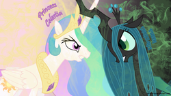 Size: 1920x1080 | Tagged: source needed, safe, artist:brightrai, princess celestia, queen chrysalis, alicorn, changeling, changeling queen, pony, g4, female, sexual tension, wallpaper