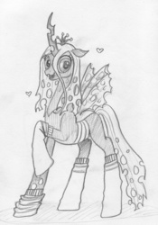 Size: 1961x2805 | Tagged: source needed, safe, artist:captainvan, queen chrysalis, changeling, changeling queen, g4, clothes, female, heart, monochrome, socks, traditional art