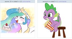 Size: 520x280 | Tagged: safe, princess celestia, spike, derpibooru, g4, cake, exploitable meme, juxtaposition, juxtaposition win, popcorn