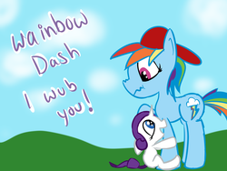 Size: 1024x768 | Tagged: safe, artist:posipony, rainbow dash, rarity, g4, backwards ballcap, baseball cap, female, filly, hat, lesbian, ship:raridash, shipping