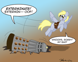 Size: 800x640 | Tagged: safe, artist:the_gneech, part of a set, derpy hooves, alien, pegasus, pony, g4, bag, crossover, dalek, derpy being derpy, dialogue, doctor who, exterminate, female, flying, gradient background, implied death, looking down, mailbag, mailmare, mare, oof, oops my bad, speech bubble