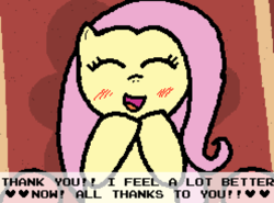 Size: 496x368 | Tagged: safe, artist:pokehidden, fluttershy, pegasus, pony, banned from equestria daily, g4, ^^, blushing, dialogue, eyes closed, female, lying down, mare, on back, open mouth, open smile, pink mane, smiling, solo