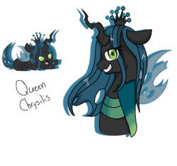 Size: 838x783 | Tagged: dead source, safe, artist:sweetypiethefox147, queen chrysalis, changeling, changeling queen, g4, bust, chibi, female, looking at you, portrait, profile, prone, simple background, smiling, solo, white background