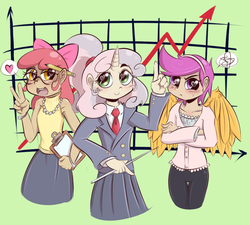 Size: 1000x900 | Tagged: safe, artist:balooga, apple bloom, scootaloo, sweetie belle, human, g4, cutie mark crusaders, glasses, graph, horn, horned humanization, humanized, older, winged humanization
