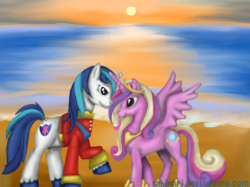 Size: 3389x2536 | Tagged: safe, artist:sahikari, princess cadance, shining armor, g4, sunset