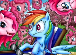 Size: 900x650 | Tagged: safe, artist:erovoid, pinkie pie, rainbow dash, g4, too many pinkie pies, beach chair, chair, clone, pinkie clone, sunglasses