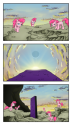 Size: 1000x1739 | Tagged: safe, artist:1jaz, pinkie pie, g4, too many pinkie pies, 2001: a space odyssey, clone, comic, crossover, monolith, moon, paint drying, pinkie clone, sun
