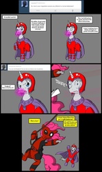 Size: 1206x2028 | Tagged: safe, pinkie pie, g4, ask, askmagneighto, clothes, comic, cosplay, costume, deadpool, magneighto, marvel, pinkiepool, ponified, tumblr, tumblr comic