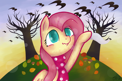 Size: 1024x685 | Tagged: safe, artist:kyaokay, fluttershy, pegasus, pony, g4, autumn, clothes, farewell, female, looking away, looking up, raised hoof, scarf, solo, wings