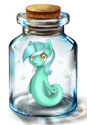 Size: 750x1072 | Tagged: safe, artist:ls_skylight, lyra heartstrings, sea pony, g4, bottle, bubble, female, fins, flowing mane, horn, mare, pony in a bottle, seapony lyra, solo, species swap, swimming, underwater, water