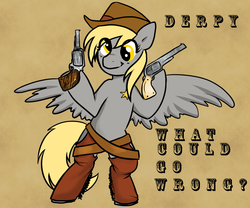 Size: 1080x900 | Tagged: safe, artist:azure-doodle, derpy hooves, pegasus, pony, g4, bipedal, dual wield, female, gun, mare, pistol, revolver, simple background, smiling, solo, spread wings, this will end in tears, weapon, wings