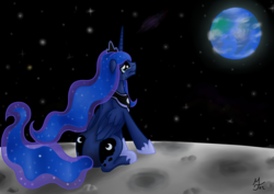 Size: 3507x2480 | Tagged: safe, artist:salahir, princess luna, alicorn, pony, g4, crying, earth, ethereal mane, female, mare, moon, planet, sitting, solo, starry mane