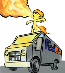 Size: 800x904 | Tagged: safe, artist:st-timid, spitfire, pony, g4, bipedal, fedex, fire, firebreathing, spitfiery, truck, wat