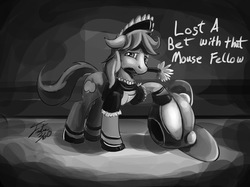 Size: 1000x748 | Tagged: safe, artist:tsitra360, braeburn, earth pony, pony, g4, clothes, crossdressing, deadmau5, duster, maid, monochrome, mouth hold, solo