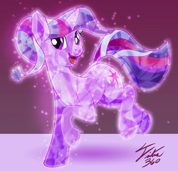 Size: 900x869 | Tagged: safe, artist:tsitra360, twilight sparkle, pony, unicorn, g4, :d, alternate hairstyle, crystallized, full body, glowing, happy, open mouth, open smile, smiling, sparkling, standing, standing on one leg, unicorn twilight