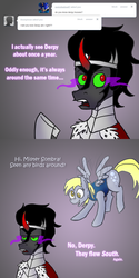 Size: 700x1400 | Tagged: safe, artist:wiggles, derpy hooves, king sombra, pegasus, pony, ask king sombra, g4, ask, comic, female, mare, tumblr, went north to get the southern birds