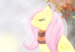 Size: 988x688 | Tagged: safe, artist:bloodmoonwerewolf, fluttershy, pony, g4, clothes, eyes closed, female, scarf, solo, tree