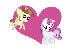 Size: 1024x768 | Tagged: safe, artist:elsendor, featherweight, sweetie belle, pegasus, pony, unicorn, g4, colt, female, filly, foal, male, ship:featherbelle, shipping, simple background, straight, transparent background