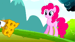 Size: 500x281 | Tagged: safe, screencap, pinkie pie, earth pony, mouse, pony, g4, too many pinkie pies, animated, cheese, clone, female, food, mare, pinkie clone