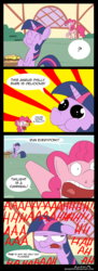 Size: 744x2052 | Tagged: safe, artist:braindps, pinkie pie, twilight sparkle, earth pony, pony, unicorn, g4, comic, floppy ears, meat, omnivore twilight, overreaction, ponies eating meat, ponyville, the horror, twilight sparkle is not amused, unamused, unicorn twilight