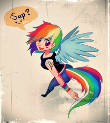 Size: 718x806 | Tagged: safe, artist:yukihyo, rainbow dash, human, g4, breasts, clothes, cute, cutie mark tattoo, female, heart cheeks, humanized, leggings, looking at you, paper background, pomade, shirt, smiling, solo, speech bubble, t-shirt, tail, tail hole, tailed humanization, talking to viewer, tattoo, text, winged humanization