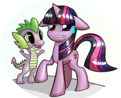 Size: 1239x1000 | Tagged: safe, artist:byarru, spike, twilight sparkle, g4