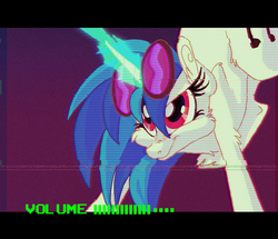 Size: 600x517 | Tagged: safe, artist:deepfriedrainbows, dj pon-3, vinyl scratch, pony, unicorn, g4, fake screencap, female, fluffy, glasses off, glowing horn, horn, letterboxing, magic, mare, scan lines, solo, vhs, volume