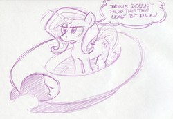 Size: 978x675 | Tagged: safe, artist:trollie trollenberg, trixie, pony, unicorn, g4, female, hat, mare, micro, monochrome, solo, traditional art