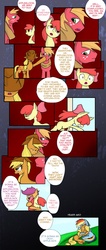 Size: 850x2000 | Tagged: safe, artist:juanrock, apple bloom, applejack, big macintosh, rainbow dash, scootaloo, earth pony, pegasus, pony, comic:element of honesty, g4, apple bloom's bow, applejack's hat, big macintosh's yoke, bow, comic, cowboy hat, crying, crying on the outside, feels, female, filly, hair bow, harsher in hindsight, hat, hug, male, mare, sad, stallion