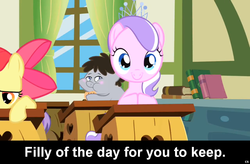 Size: 1024x672 | Tagged: safe, apple bloom, diamond tiara, truffle shuffle, earth pony, pony, g4, book, caption, colt, cs captions, filly, foal, ponyville schoolhouse, school