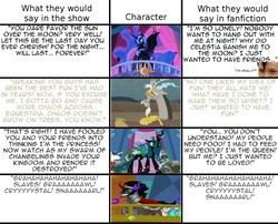 Size: 1239x1000 | Tagged: safe, edit, edited screencap, screencap, discord, king sombra, nightmare moon, queen chrysalis, changeling, changeling queen, a canterlot wedding, friendship is magic, g4, the crystal empire, the return of harmony, draco in leather pants, fanfic, female, gentaro kisaragi, kamen rider, kamen rider fourze, meta, one of these things is not like the others, text