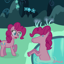 Size: 800x800 | Tagged: safe, artist:mezkalito, pinkie pie, earth pony, horse, pony, g4, my little pony: friendship is magic, too many pinkie pies, cave, cave pool, fail, mirror pool, scene interpretation