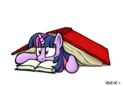 Size: 1053x739 | Tagged: safe, artist:yorik-cz, twilight sparkle, g4, book, book fort, cute, frown, prone, that pony sure does love books, wide eyes