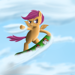 Size: 3000x3000 | Tagged: safe, artist:zhooves, scootaloo, g4, cloud, cloudboarding, cloudy, snowboard