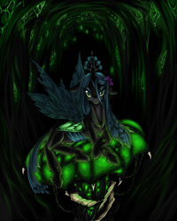 Size: 800x1000 | Tagged: safe, artist:longinius, queen chrysalis, changeling, changeling queen, pony, g4, cave, changeling hive, crown, female, jewelry, mare, prone, regalia, solo